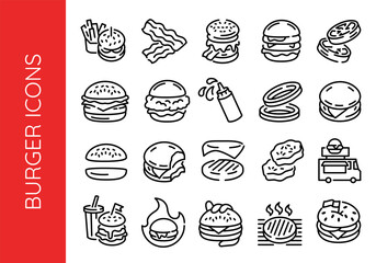 Burger icons. Set of 20 Burger trendy minimal icons. Example: Cheeseburger, Bacon, Ketchup, Food Truck, Fries icon. Design signs for web page, mobile app, packaging design. Vector illustration