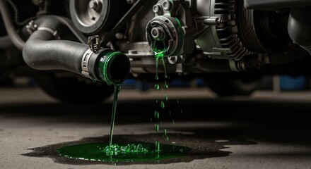 Coolant leaking from vehicle engine onto garage floor  