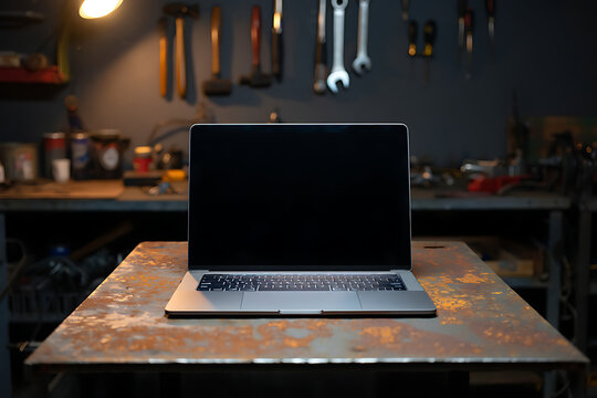 Laptop on Workbench Tools in Garage Workshop Work from Home