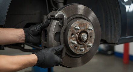 Mechanic repairing brake rotor on vehicle in automotive workshop  