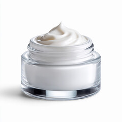 A swirl of thick, white cosmetic cream in a clear glass jar, symbolizing luxury skincare, beauty, and hydration.