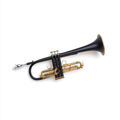 Naklejka premium A sleek black and gold trumpet with three valves, shown against a white background.