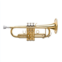 Obraz premium A shiny golden trumpet with three valves and a flared bell, displayed on a white background.