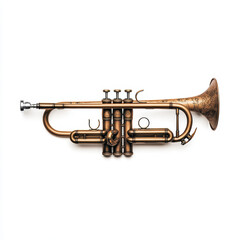 Obraz premium A detailed illustration of a vintage brass trumpet with engraved floral patterns on the bell, showcasing its valves and mouthpiece on a white background.