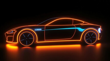 Fototapeta premium 3D rendering of sleek electric car with neon lights, glowing in dark background, showcasing advanced technology.