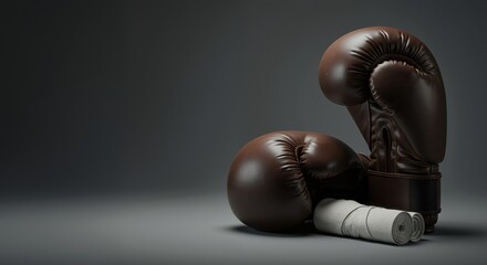 Brown boxing gloves and hand wraps on dark background
