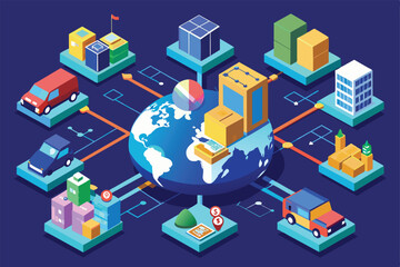 Obraz premium Colorful illustration depicting a global logistics and supply chain network with connections between different transportation and distribution hubs.