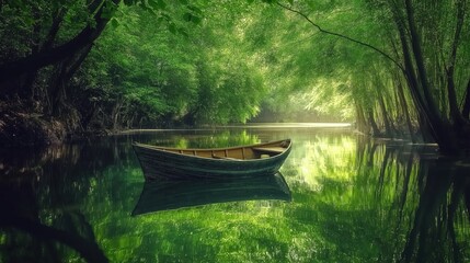 Obraz premium A small boat floats on a calm river surrounded by lush green trees and soft reflections, in a peaceful, ultra-realistic nature scene ideal for relaxation and contemplation.