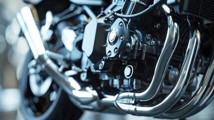 Obraz premium Gleaming metal exhausts showcase the powerful engine and intricate mechanics of a classic motorcycle.