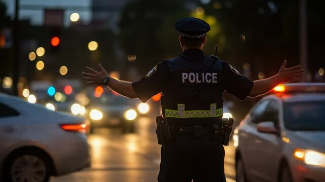 Police Officer Directing Evening Traffic - A police officer stands in the middle of a city street, directing traffic as car headlights illuminate the scene.
