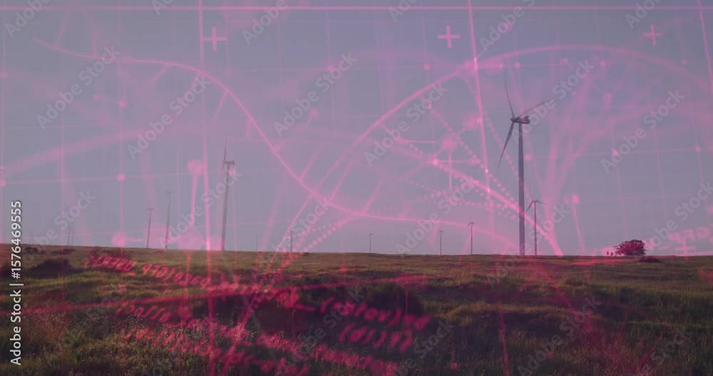 Poster red network graphics emerging left, floating above wind turbines and hill visualizing data currents