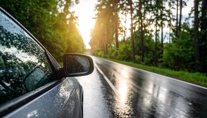 Fototapeta premium Rain-streaked road, car window view of forest