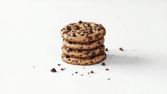 Chocolate Chip Cookies on White Background with Crumbs in Consecutive Frames