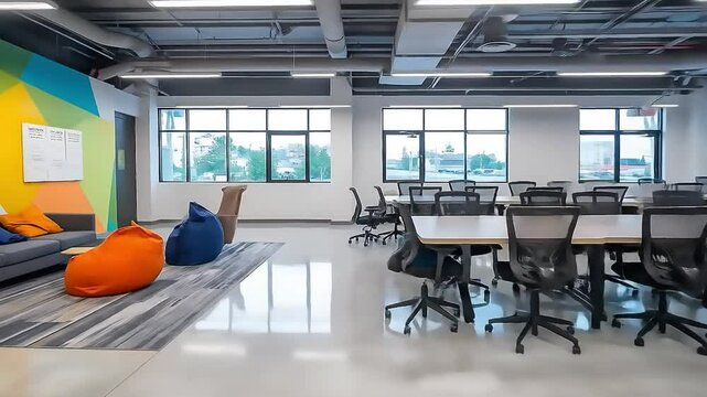 Open concept office with bright colors and modern design provides a creative workspace and collaborative environment.