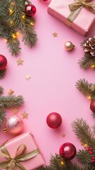Festive Christmas composition with pink wrapped gifts, sparkling ornaments, pine branches, and twinkling lights creating a magical holiday scene