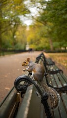 Squirrel on park bench: a detailed look at wildlife in urban green spaces outdoor scene