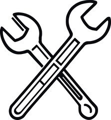 Two crossed wrenches in black outline on a white background forming an x shape tool illustration