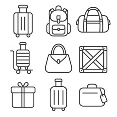Train Station Luggage Icons. Line style icons of train station luggage: suitcase, backpack, duffel bag, trolley bag, handbag,