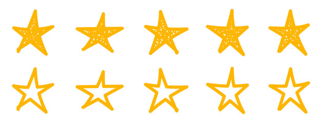 Obraz premium Doodle Style Star Rating hand drawn Icon Set Vector Illustration with Full and Empty Stars on Transparent Background for Review Feedback Score UI Design
