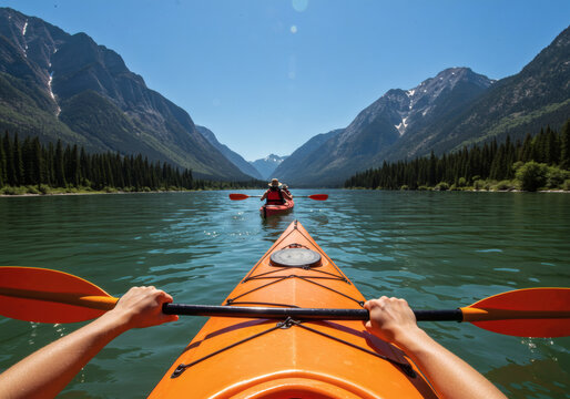 Kayaking Mountain Lake Orange Kayak Paddle Water Adventure Outdoor Recreation - POV Shot