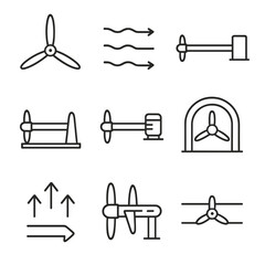Turbine Outline Icons. Outline style icons of Horizontal Axis Turbines: side view blades, lateral flow path, shaft through turbine