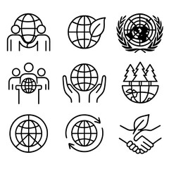 Global Eco Icons. Outline style icons of Global Eco Efforts: international cooperation, globe with leaf, UN and environment symbol