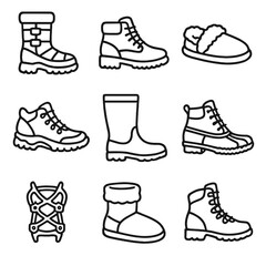 Cold Weather Footwear Icons. Outline style icons of Cold Weather Footwear: snow boots, insulated ankle boots, fur-lined slippers,