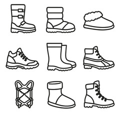 Cold Weather Footwear Icons. Outline style icons of Cold Weather Footwear: snow boots, insulated ankle boots, fur-lined slippers,