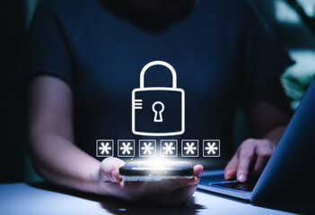 Cybersecurity concept. Lock icon and password input. Woman using laptop and smartphone symbolizing...