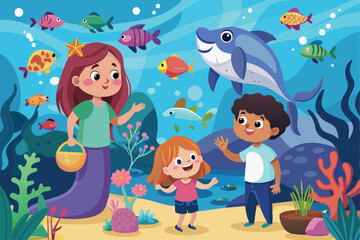 Naklejka premium Illustration of a cheerful mermaid with two happy children exploring underwater world rich with colorful fish and vibrant coral. Perfect for childrens stories or educational content.