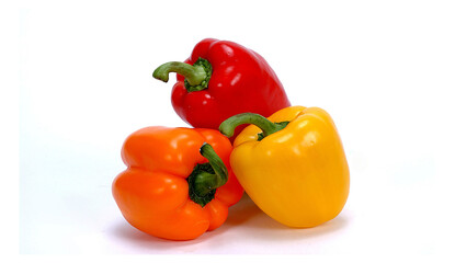Bulgarian Red, Orange and Yellow Isolated on Transparent Background. Three Bell Peppers Vegetable isolated. Mix, Tasty, Healthy Food, Sweet, Freshness, Closeup, Top View, Vegetarian, Diet, Vitamin
