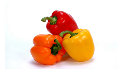 Bulgarian Red, Orange and Yellow Isolated on Transparent Background. Three Bell Peppers Vegetable isolated. Mix, Tasty, Healthy Food, Sweet, Freshness, Closeup, Top View, Vegetarian, Diet, Vitamin