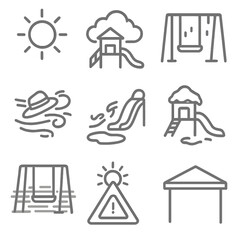 Weather and Play Icons. Outline style icons of Weather and Outdoor Play: sunny day icon, cloudy playground, rain over swing, wind