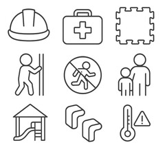 Playground Safety Icons. Outline style icons of Playground Safety: safety helmet, first aid kit, rubber ground padding, child