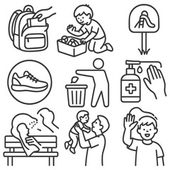 Playground Departure Icons. Outline style icons of Playtime Cleanup and Exit: backpack packing, child putting toys away, goodbye