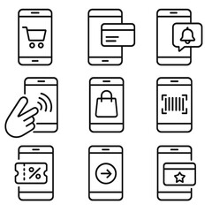 Mobile Commerce Icons. Outline style icons of Mobile Commerce: smartphone screen with cart, app-based checkout, push notification