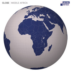 Vector Globe centered to Middle Africa. Light Pink Navy Blue palette. World map with meridians, parallels, countries, rivers and lakes. Classy vector illustration.