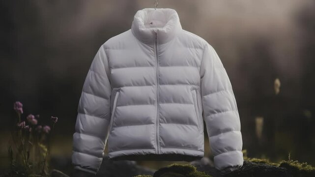 Puffer Jacket in Misty Outdoor Setting with Purple Flowers