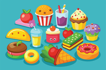 Bright and playful illustration of various cartoon snacks, desserts, and drinks on a vibrant blue background, emphasizing fun, variety, and whimsy.