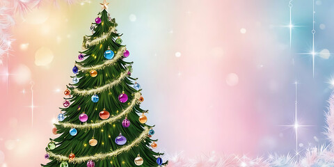 Obraz premium Decorated Christmas Tree with Ornaments and Tinsel on Sparkling Pastel Background