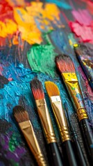 Obraz premium Vibrant paintbrushes rest against a colorful palette of mixed paints, showcasing the artistic tools of creativity and expression, perfect for art enthusiasts and creators alike.