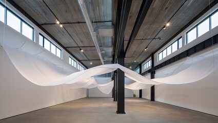 Contemporary art gallery exhibition space with white fabric installation design