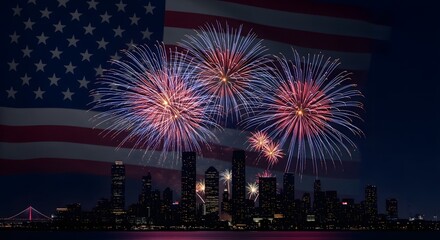 Fireworks explode over a city skyline with an American flag in the background, celebrating a patriotic event.
