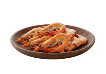 Cooked prawns arranged on a rustic wooden plate ready to be served as an appetizer dish on transparent background