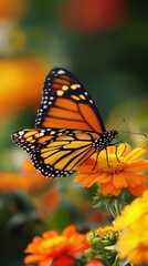 Obraz premium Vibrant monarch butterfly delicately perched on a bright orange zinnia flower, showcasing intricate wing patterns against a soft, blurred garden background of warm hues