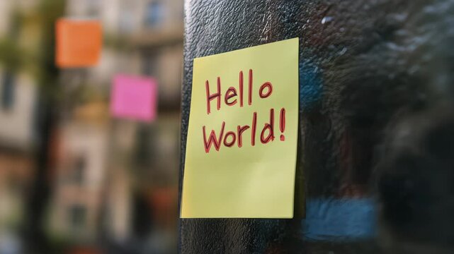 Urban Scene with Colorful Sticky Notes on Tree Trunk Featuring "Hello World!" Message