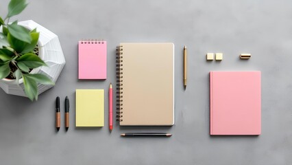 Stylish flat lay workspace with golden office supplies and plant on grey desk