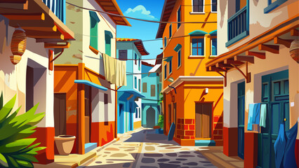 Stone Town, Zanzibar – Narrow alleys twist between coral stone buildings. Wooden carved doors and bright laundry lines create a rich coastal texture, perfect for detailed, atmospheric vector art.
