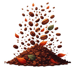 Falling coffee beans isolated on white background