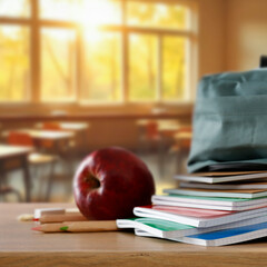 School backpack with supplies on classroom desk – back to school and education concept with...